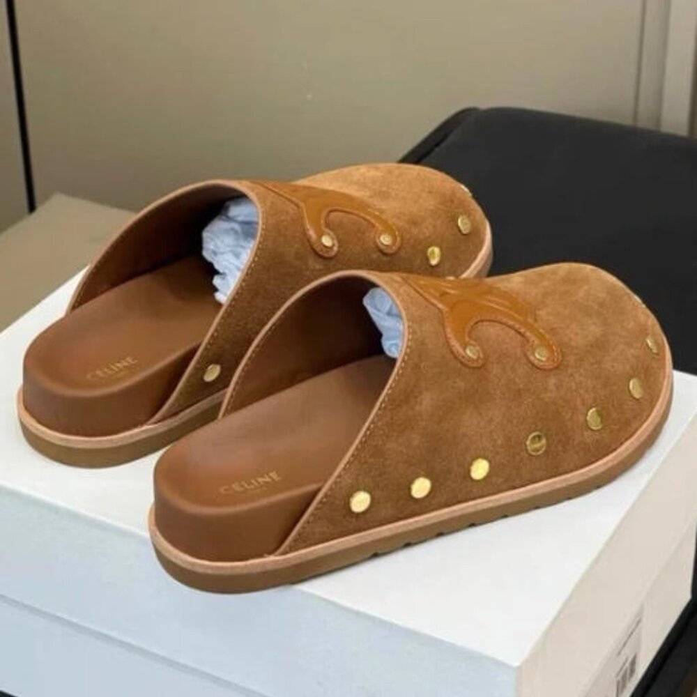 Celine Brown Suede Mules with Gold Details